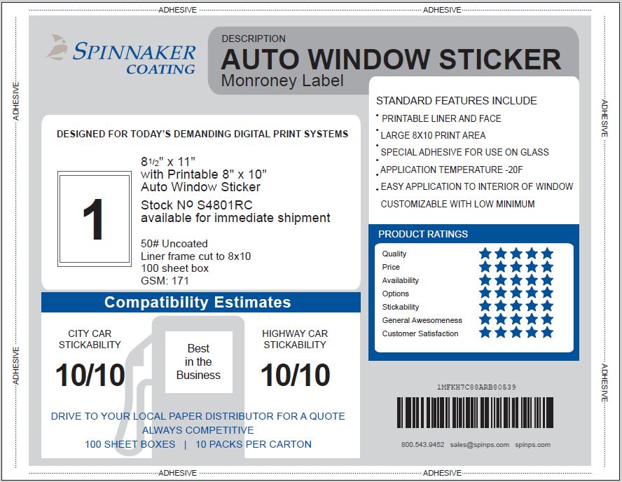 Auto Window Sticker, Monroney, 8.5 x 11 Sheet Size, 8 x 10 Label Size ...